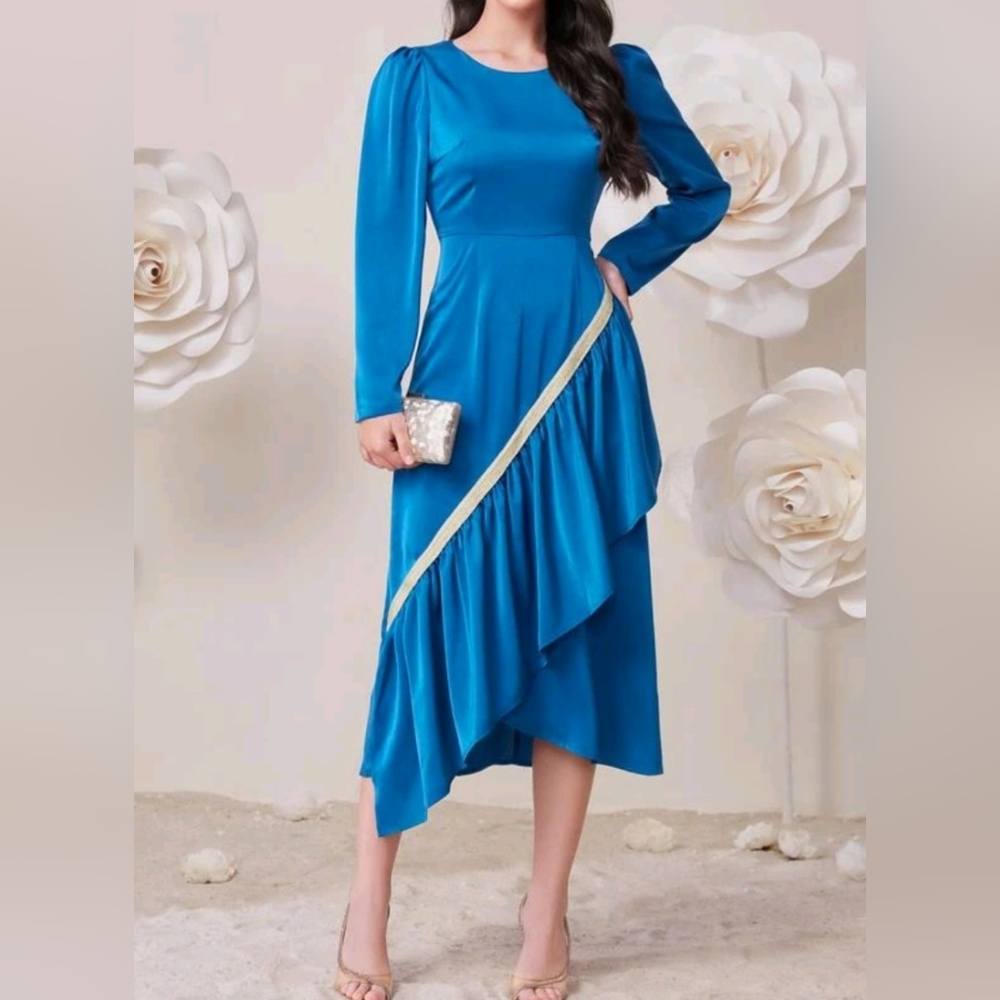 Puff Sleeve Ruffle Trim Dress